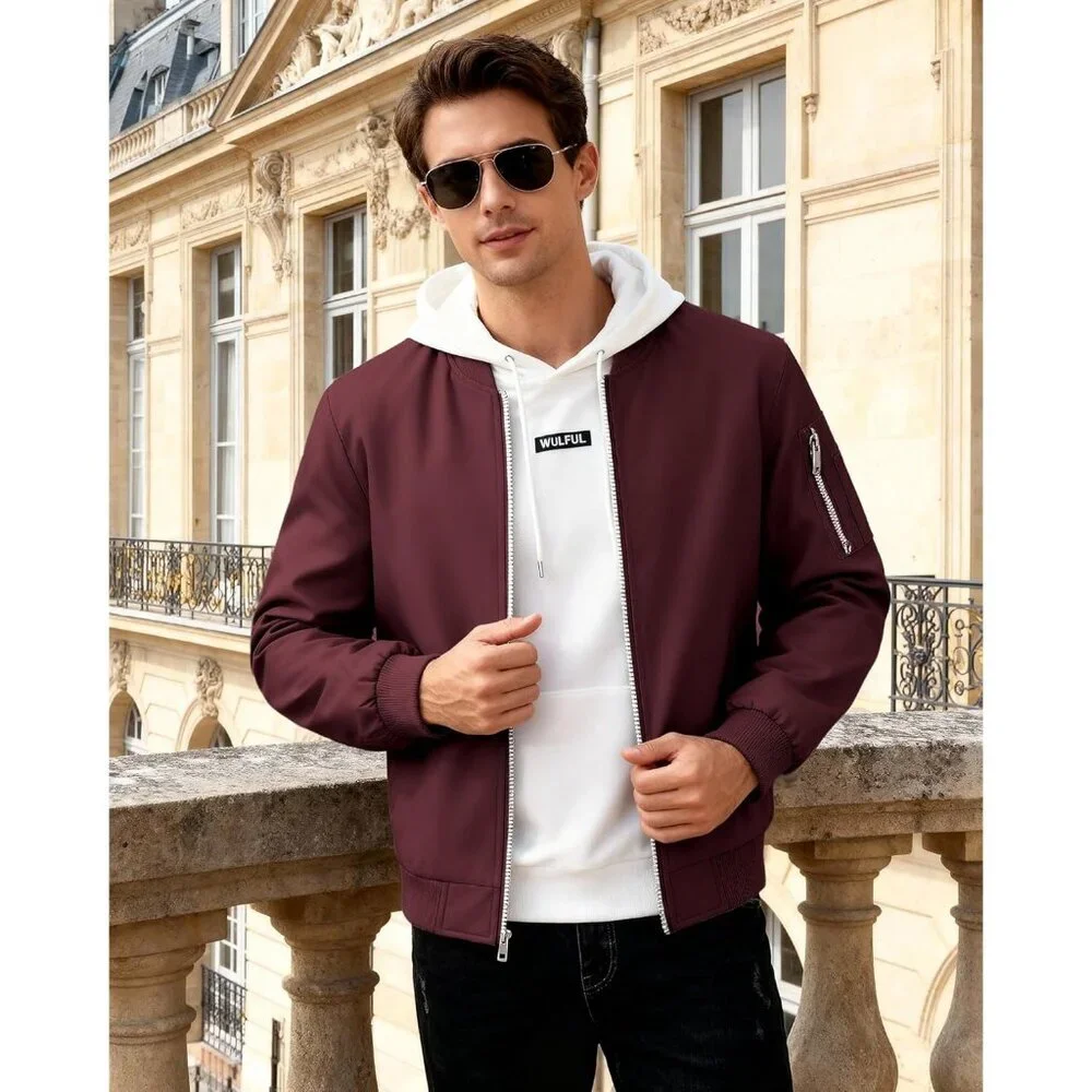 Men's Burgundy Bomber Jacket Coat Lightweight Casual Windbreaker Zip Up Pocket
